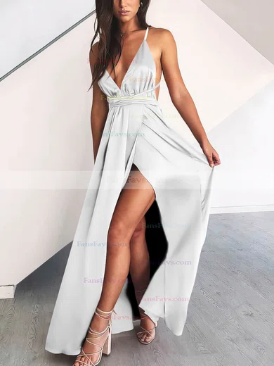 A-line V-neck Silk-like Satin Floor-length Split Front Prom Dresses #Favs020106670
