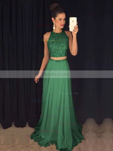 A-line Scoop Neck Tulle Chiffon Sweep Train Beading Prom Dresses #Favs020103435