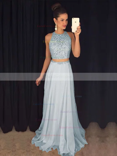 A-line Scoop Neck Tulle Chiffon Sweep Train Beading Prom Dresses #Favs020103435