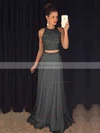 A-line Scoop Neck Tulle Chiffon Sweep Train Beading Prom Dresses #Favs020103435