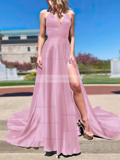 A-line V-neck Silk-like Satin Sweep Train Split Front Prom Dresses #Favs020106673