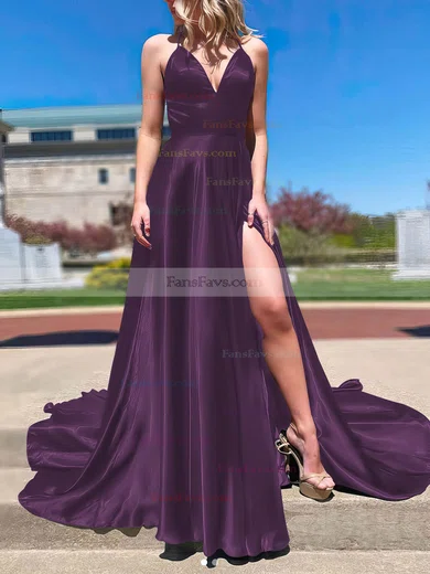 A-line V-neck Silk-like Satin Sweep Train Split Front Prom Dresses #Favs020106673