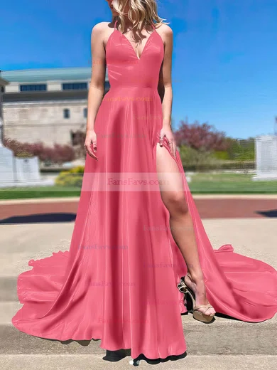 A-line V-neck Silk-like Satin Sweep Train Split Front Prom Dresses #Favs020106673