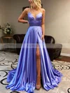 A-line V-neck Silk-like Satin Sweep Train Split Front Prom Dresses #Favs020106673