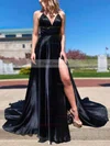 A-line V-neck Silk-like Satin Sweep Train Split Front Prom Dresses #Favs020106673