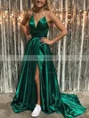 A-line V-neck Silk-like Satin Sweep Train Split Front Prom Dresses #Favs020106673