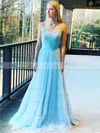 A-line Square Neckline Tulle Sweep Train Appliques Lace Prom Dresses #Favs020106702