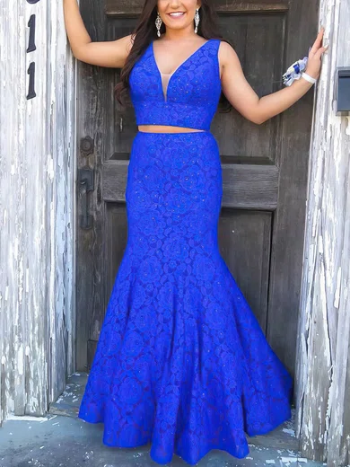 Trumpet/Mermaid V-neck Lace Sweep Train Beading Prom Dresses #Favs020106706