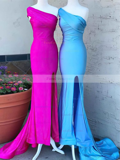 Sheath/Column One Shoulder Jersey Sweep Train Ruffles Prom Dresses #Favs020106710