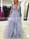 Princess V-neck Tulle Floor-length Cascading Ruffles Prom Dresses #Favs020106712