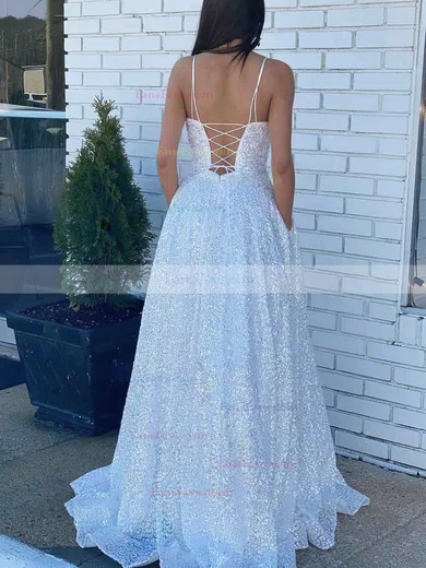 A-line Square Neckline Glitter Sweep Train Pockets Prom Dresses #Favs020106714