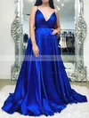 A-line V-neck Satin Sweep Train Ruffles Prom Dresses #Favs020106718
