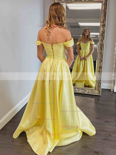 A-line Off-the-shoulder Satin Sweep Train Beading Prom Dresses #Favs020106720