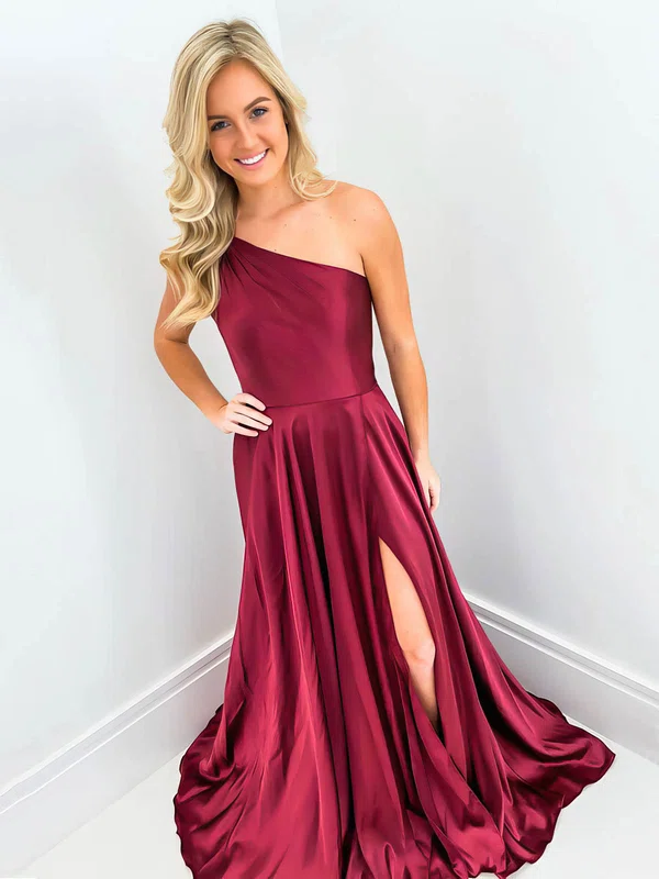 A-line One Shoulder Silk-like Satin Sweep Train Beading Prom Dresses #Favs020106732