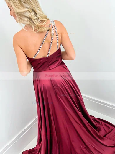 A-line One Shoulder Silk-like Satin Sweep Train Beading Prom Dresses #Favs020106732