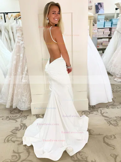 Trumpet/Mermaid V-neck Silk-like Satin Sweep Train Ruffles Prom Dresses #Favs020106741