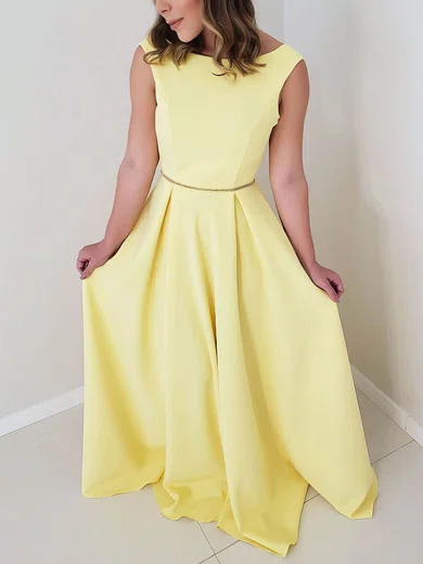 A-line Scoop Neck Satin Sweep Train Beading Prom Dresses #Favs020106742