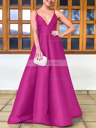 A-line V-neck Satin Floor-length Prom Dresses #Favs020106747