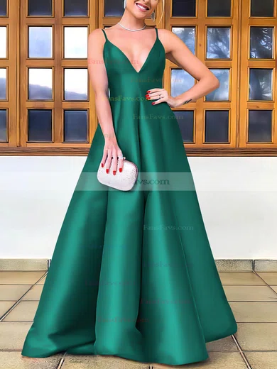 A-line V-neck Satin Floor-length Prom Dresses #Favs020106747