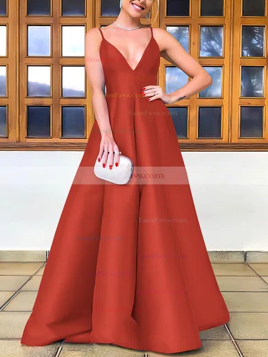 A-line V-neck Satin Floor-length Prom Dresses #Favs020106747