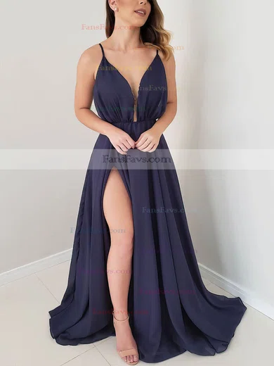 A-line V-neck Chiffon Sweep Train Split Front Prom Dresses #Favs020106770