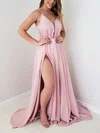 A-line V-neck Chiffon Sweep Train Split Front Prom Dresses #Favs020106770