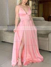 A-line V-neck Silk-like Satin Sweep Train Split Front Prom Dresses #Favs020106773