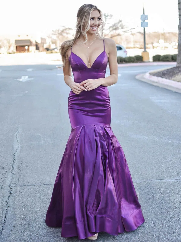 Trumpet/Mermaid V-neck Satin Sweep Train Prom Dresses #Favs020106780