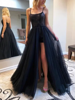 A-line Square Neckline Tulle Sequined Floor-length Beading Prom Dresses #Favs020106784