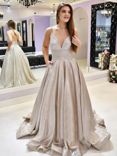 A-line V-neck Satin Sweep Train Pockets Prom Dresses #Favs020106797