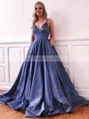 A-line V-neck Satin Sweep Train Pockets Prom Dresses #Favs020106797