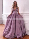 A-line V-neck Satin Sweep Train Pockets Prom Dresses #Favs020106797