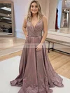 A-line V-neck Glitter Sweep Train Ruffles Prom Dresses #Favs020106816