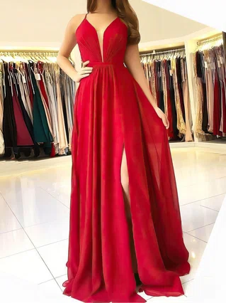 A-line V-neck Chiffon Sweep Train Ruffles Prom Dresses #Favs020106832