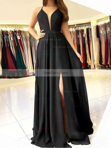 A-line V-neck Chiffon Sweep Train Ruffles Prom Dresses #Favs020106832