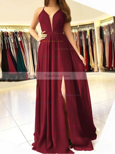 A-line V-neck Chiffon Sweep Train Ruffles Prom Dresses #Favs020106832