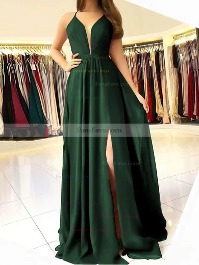 A-line V-neck Chiffon Sweep Train Ruffles Prom Dresses #Favs020106832