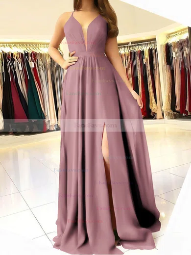 A-line V-neck Chiffon Sweep Train Ruffles Prom Dresses #Favs020106832