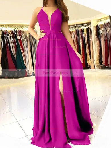 A-line V-neck Chiffon Sweep Train Ruffles Prom Dresses #Favs020106832