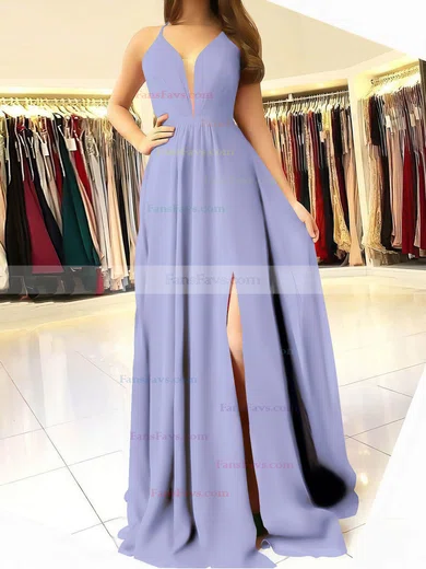 A-line V-neck Chiffon Sweep Train Ruffles Prom Dresses #Favs020106832