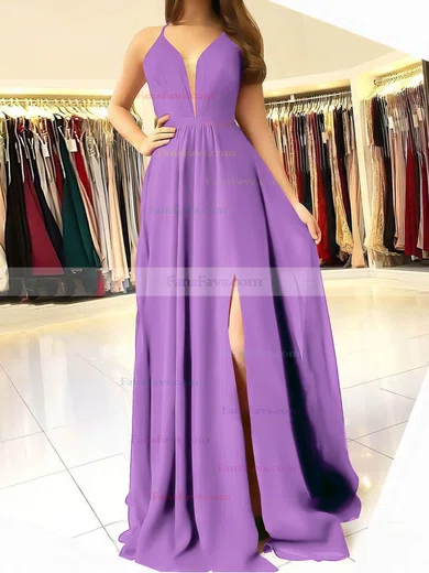 A-line V-neck Chiffon Sweep Train Ruffles Prom Dresses #Favs020106832