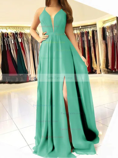A-line V-neck Chiffon Sweep Train Ruffles Prom Dresses #Favs020106832