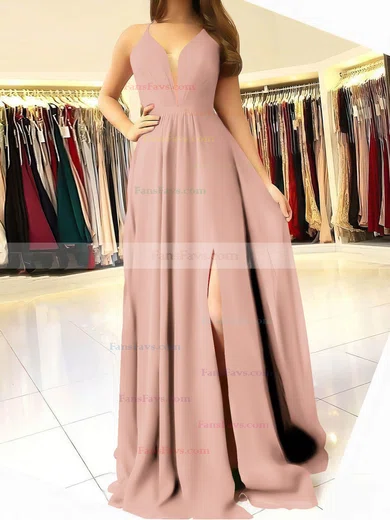 A-line V-neck Chiffon Sweep Train Ruffles Prom Dresses #Favs020106832