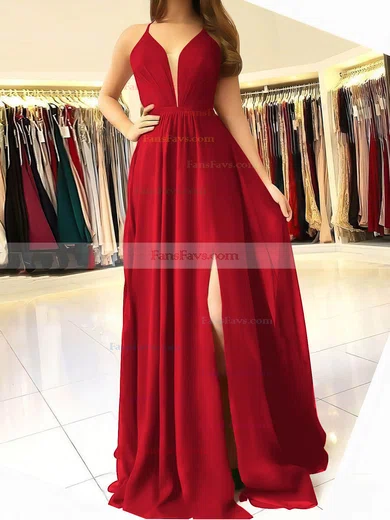 A-line V-neck Chiffon Sweep Train Ruffles Prom Dresses #Favs020106832