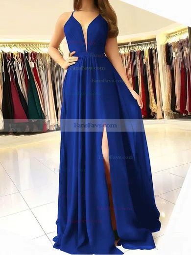 A-line V-neck Chiffon Sweep Train Ruffles Prom Dresses #Favs020106832