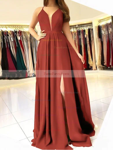 A-line V-neck Chiffon Sweep Train Ruffles Prom Dresses #Favs020106832
