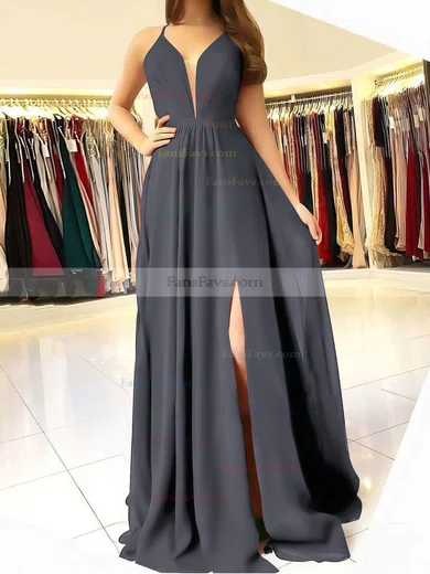 A-line V-neck Chiffon Sweep Train Ruffles Prom Dresses #Favs020106832