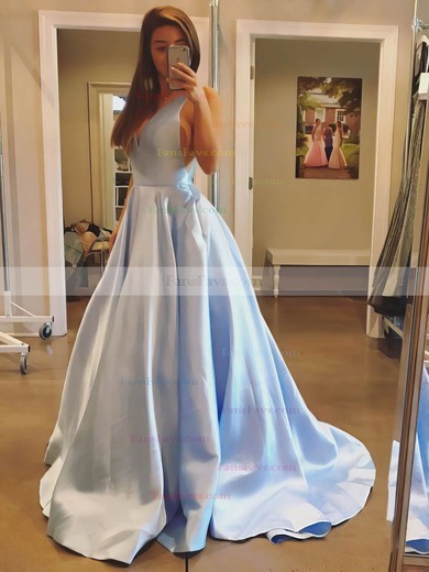 Ball Gown V-neck Satin Court Train Pockets Prom Dresses #Favs020106834