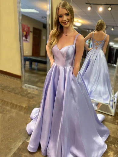 A-line V-neck Satin Sweep Train Pockets Prom Dresses #Favs020106845