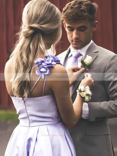 A-line One Shoulder Satin Sweep Train Flower(s) Prom Dresses #Favs020106856